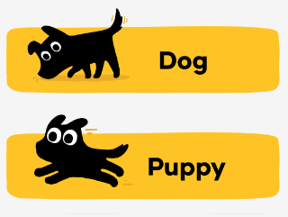 on top, a "dog" button that shows a black silhouette of a dog, with wagging tail, sniffing the ground. their front paw hangs just above the ground as if treading carefully. below it is a "puppy" button, showing another smaller black silhouette of a dog with huge eyes positively flying through the air, tail and ears trailing behind them. zero regard for careful steps