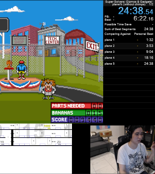 stream screenshot showing livesplit at 24:38.54, and the plane building of gizmos & gadgets finished at 89440 points