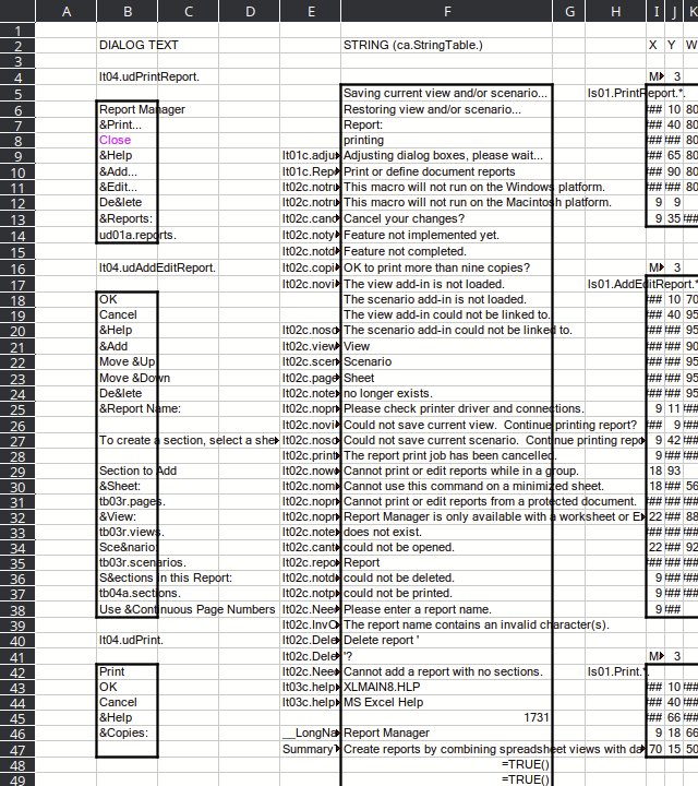 an excel spreadsheet with the text “DIALOG TEXT” near a box with a thick border that reads “Report Manager”, “&Print…”, “Close”, “&Help”, “&Add…”, “&Edit…”, “De&lete”, “&Reports:”, and “ud01a.reports.”