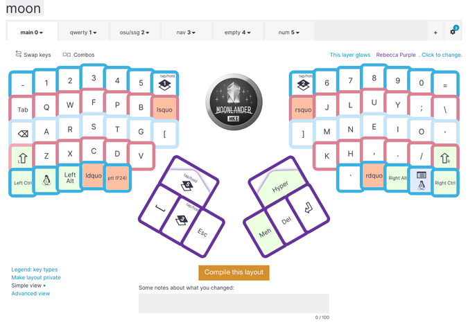 moonlander keyboard config tool, with the colours of each key now shown more clearly, and one key in a different pink to the rest