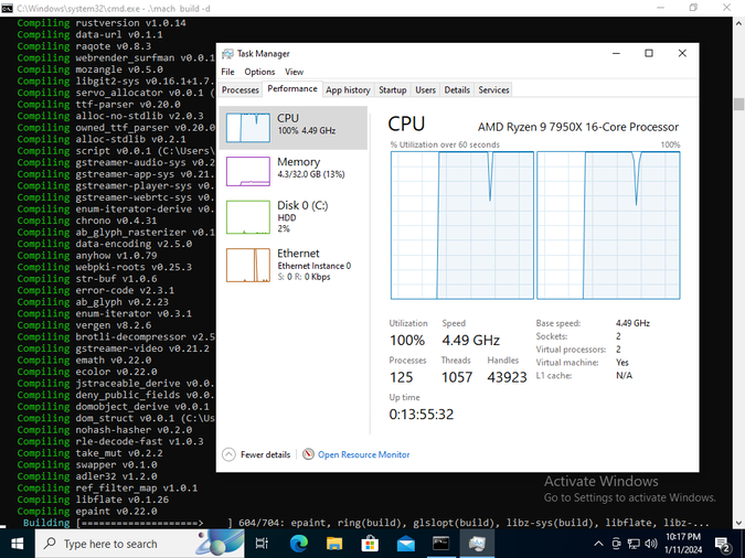 screenshot of task manager with “Sockets: 2”, “Virtual processors: 2”, and servo building very slowly in the background