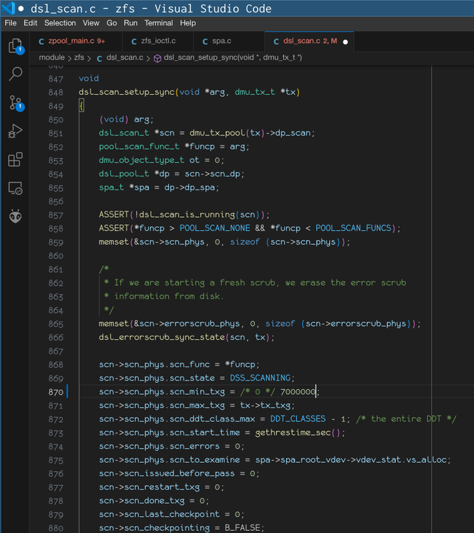 in openzfs dsl_scan.c, changing `scn->scn_phys.scn_min_txg` from 0 to 7000000 in dsl_scan_setup_sync