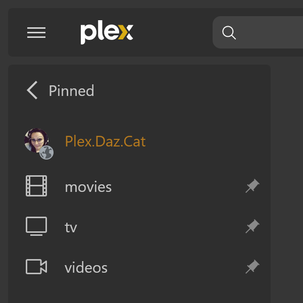 plex sidebar with server “Plex.Daz.Cat” having capitals P, D, and C