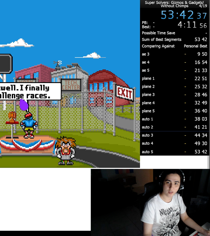 stream screenshot showing livesplit at 53:42.37, and the outro showing the super solver exiling morty back to his blimp