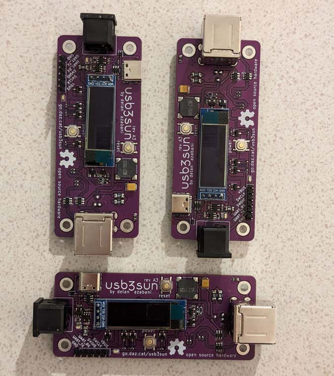 three usb3sun rev A3 boards, top sides fully assembled