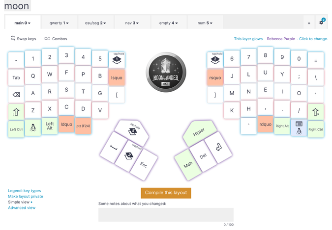 moonlander keyboard config tool, with the colours of each key shown in the default soft glow