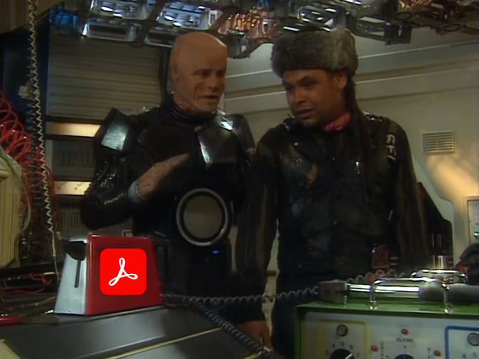 talkie toaster from red dwarf with adobe acrobat icon