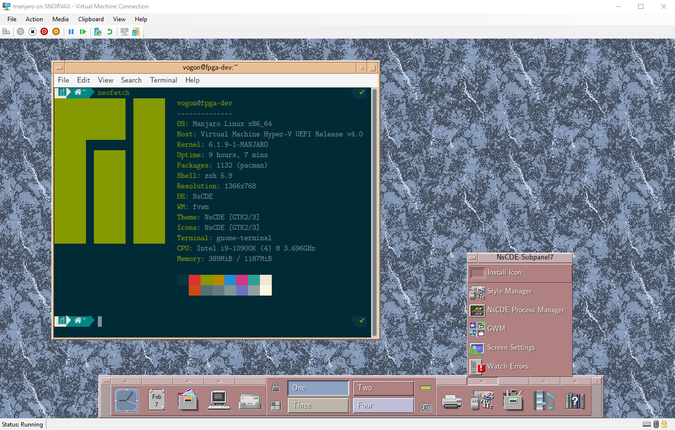 a screenshot of a virtual machine running NsCDE in the "sand" theme with dithered blue marble wallpaper and all of the system fonts set to variants of Computer Modern