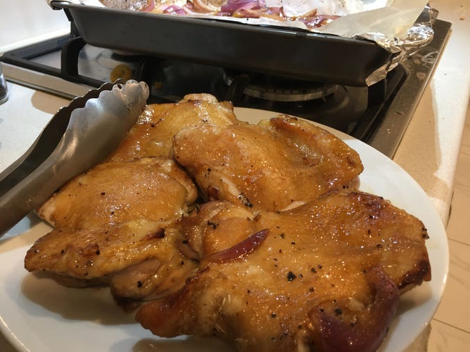 chicken thighs now done and removed from the tray, so the glaze can be reduced on its own