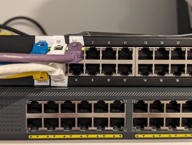 ethernet switch, with ports labelled “jane”, “desks”, “ap”, “venus”, “tol”