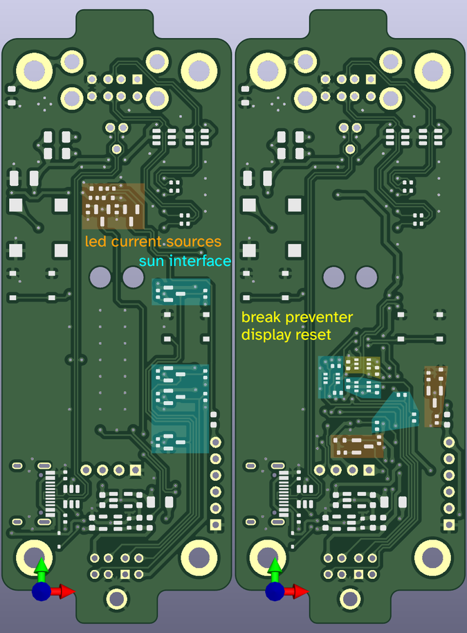 comparison of usb3sun rev A3 vs rev B0, top sides of pcb, with silkscreen and smt components hidden. there are new components for “break preventer” and “display reset”, the sun interface has been miniaturised, and those and the led current sources have been placed and routed more efficiently.