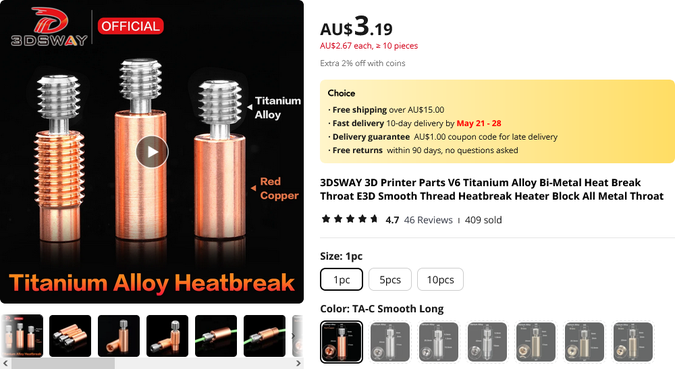 screenshot of aliexpress page for the new heatbreak