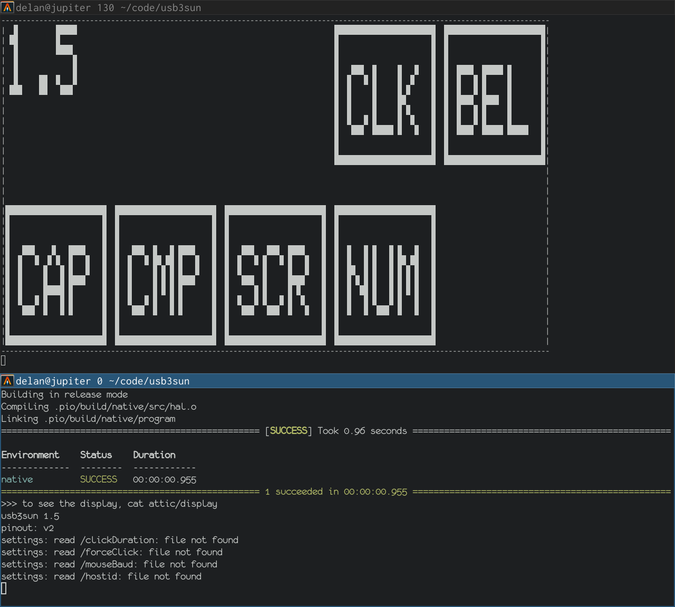 screenshot of usb3sun firmware running in one terminal, with the main status view visible in another terminal