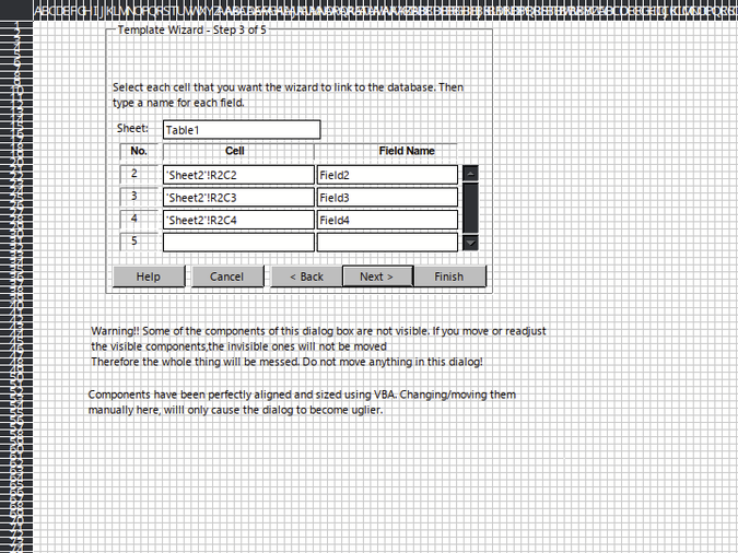 an excel spreadsheet with small square cells and gridlines on, containing buttons and input fields for a Template Wizard - Step 3 of 5