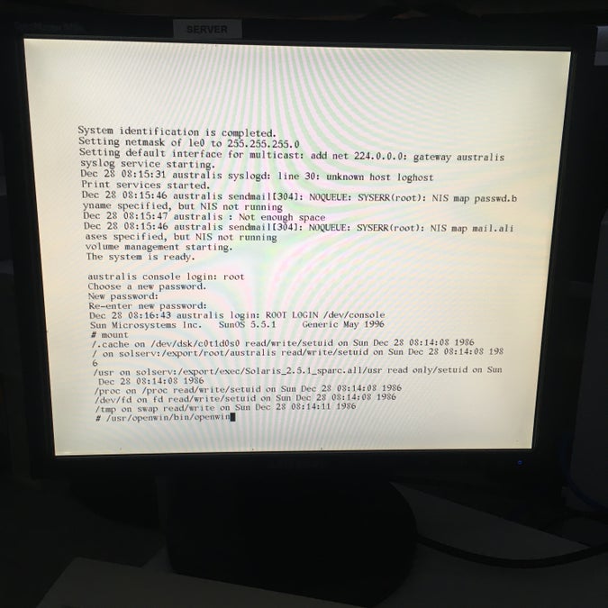 mount(1M) output, showing / and /usr/ mounted over NFS, /.cache/ on a local disk, and /tmp/ on swap