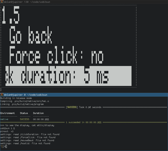 screenshot of usb3sun firmware running in one terminal, with the menu view visible in another terminal