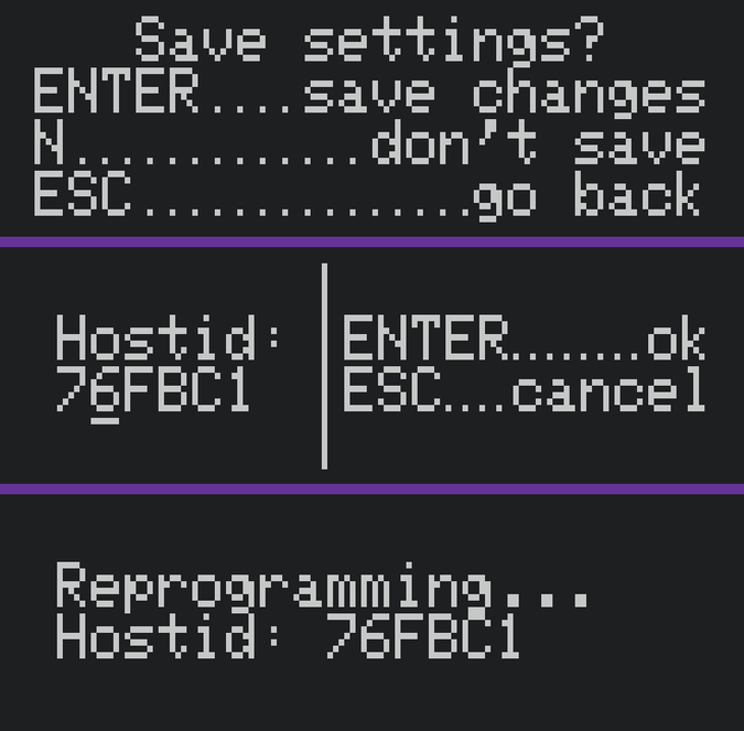 top: new “Save settings?” screen; middle: updated hostid setting screen; bottom: updated “Reprogram idprom” screen showing the hostid value that was used