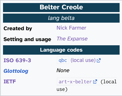 Belter Creole [lang belta], language codes “qbc” (iso 639-3) and “art-x-belter” (ietf)