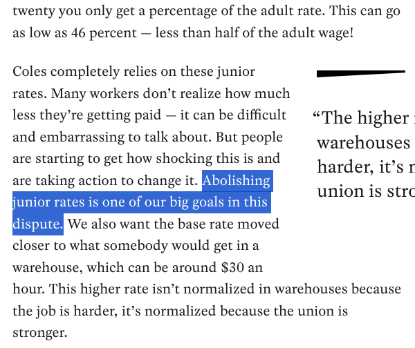 “[…] twenty you only get a percentage of the adult rate. This can go as low as 46 percent — less than half of the adult wage!”

pull quote: “The higher rate isn’t normalized in warehouses because the job is harder, it’s normalized because the union is stronger.”

“Coles completely relies on these junior rates. Many workers don’t realize how much less they’re getting paid — it can be difficult and embarrassing to talk about. But people are starting to get how shocking this is and are taking action to change it. Abolishing junior rates is one of our big goals in this dispute. We also want the base rate moved closer to what somebody would get in a warehouse, which can be around $30 an hour. This higher rate isn’t normalized in warehouses because the job is harder, it’s normalized because the union is stronger.”