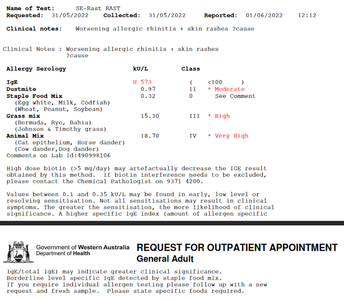 my blood test results, showing a Very High allergic response to cat epithelium, among other things